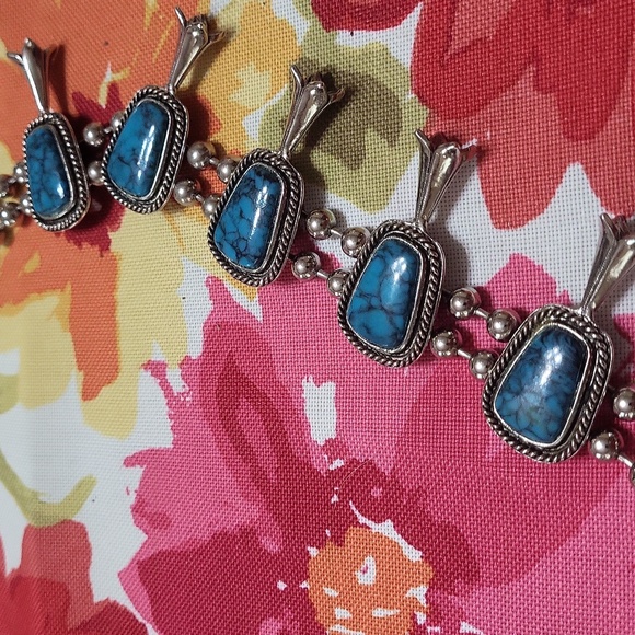 Goldette 1960 FauxTurquoise and Silver-Tone Squash Blossom Necklace - Picture 4 of 8